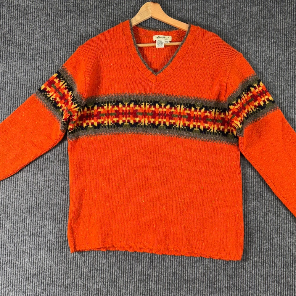 Vintage Eddie Bauer Womens S Wool Blend Fair Isle Sweater V Neck Ski Lodge Retro